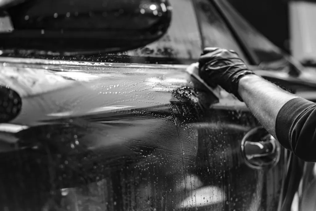 Gloved hands washing the paint of a dark vehicle